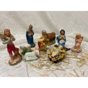 Vintage Nativity Set, Hand‎ Painted Christmas Holiday Decor,10 Pieces, Mixed Set